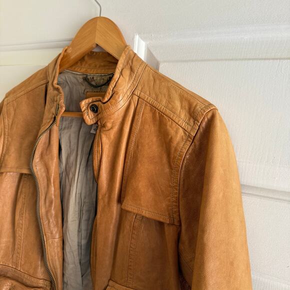 Vintage Banana Republic Genuine Leather Tan Bomber Moto Jacket Size Medium Soft - Picture 2 of 9